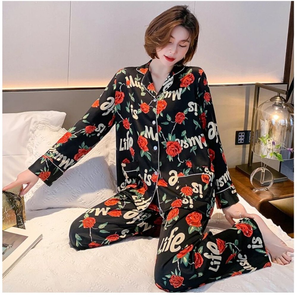 "Music Is Life" Sexy and Comfortable Pajama Set - Long Sleeve Long Pants
